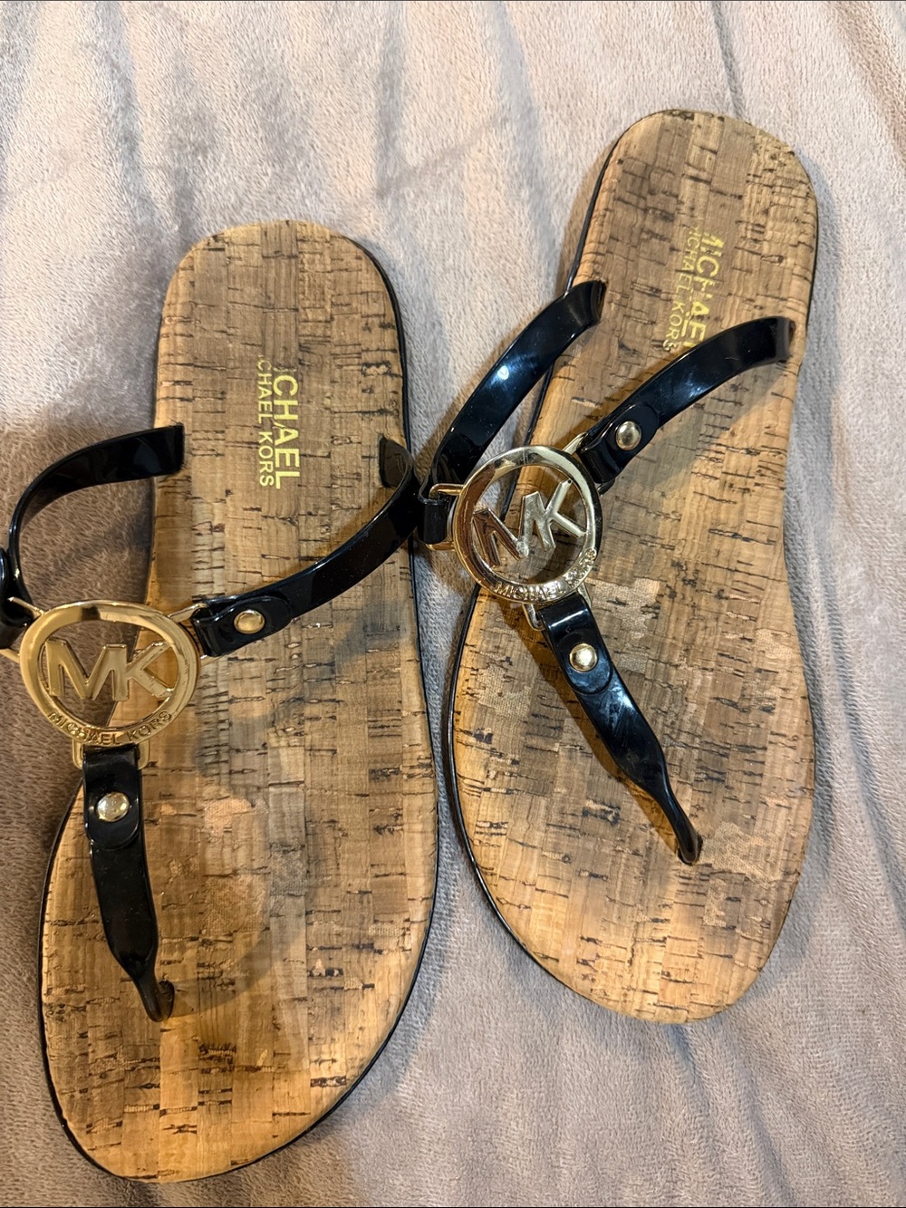Michael Kors Black Patent Thong Sandals with Gold MK Emblem